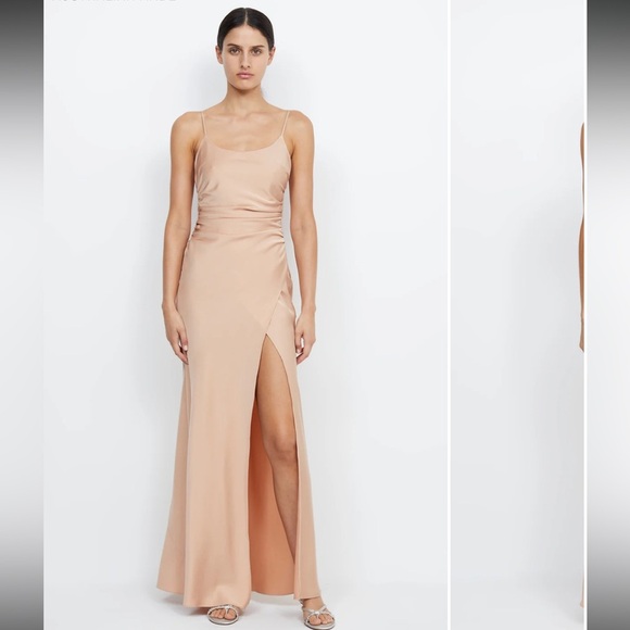 Bec + Bridge Eternity scoop satin open slit maxi dress in sand - Picture 1 of 12